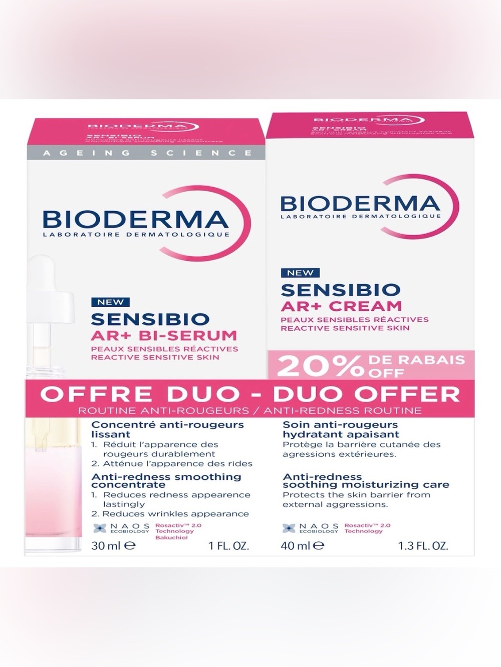 NEW* Bioderma Sensibio AR+ Duo - Pink Anti-Redness Serum & Cream